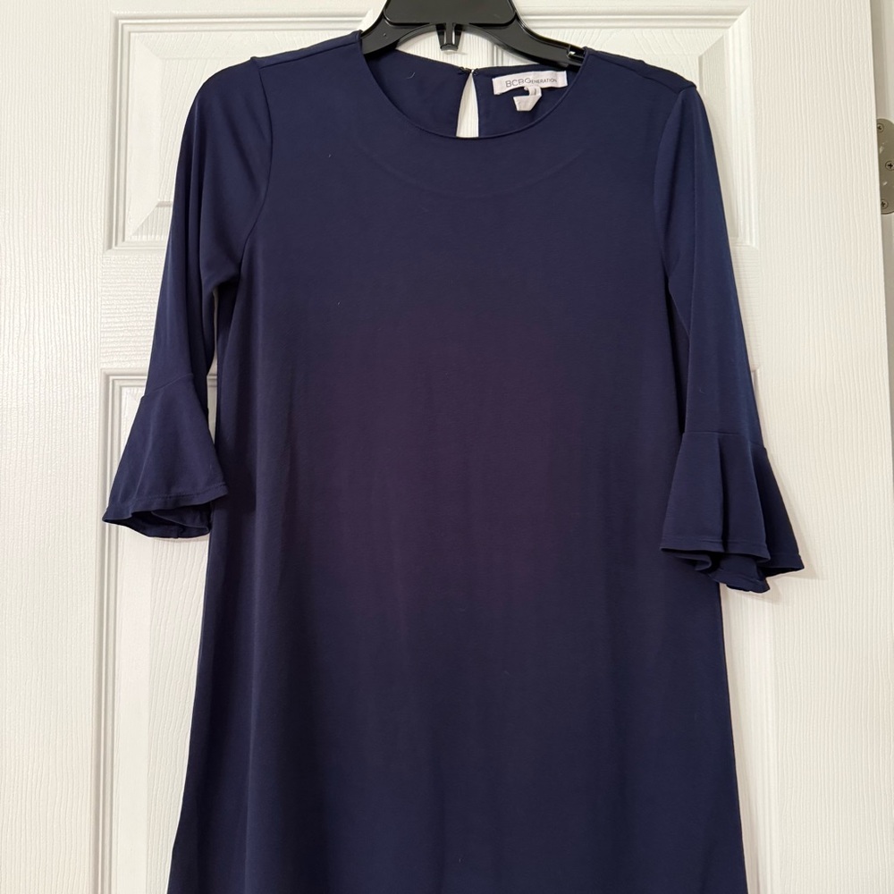 BCBGeneration Shift Navy Blue Dress Ruffle Sleeves - Picture 5 of 7